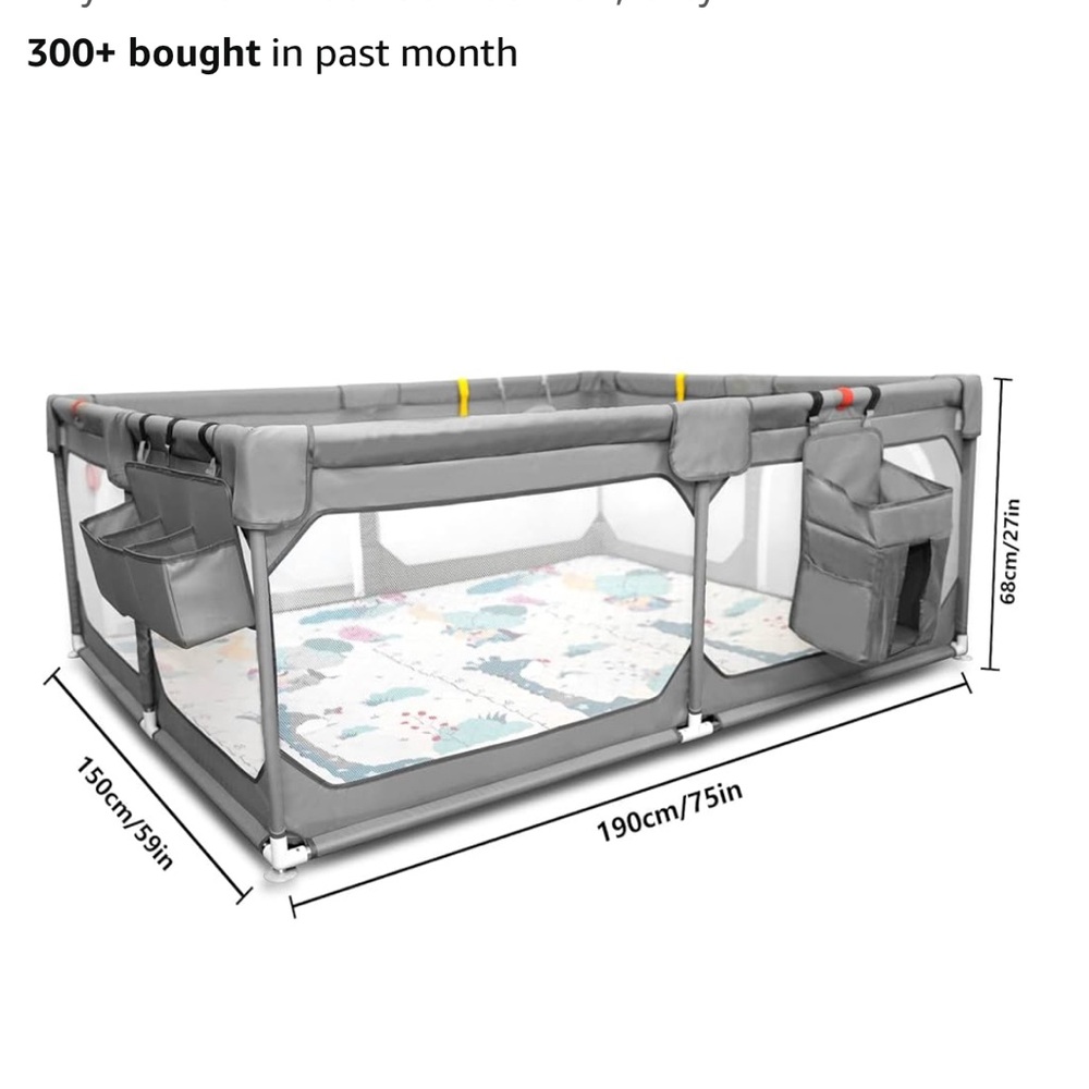 Gray Baby Playpen with Storage Pockets 75 x 59